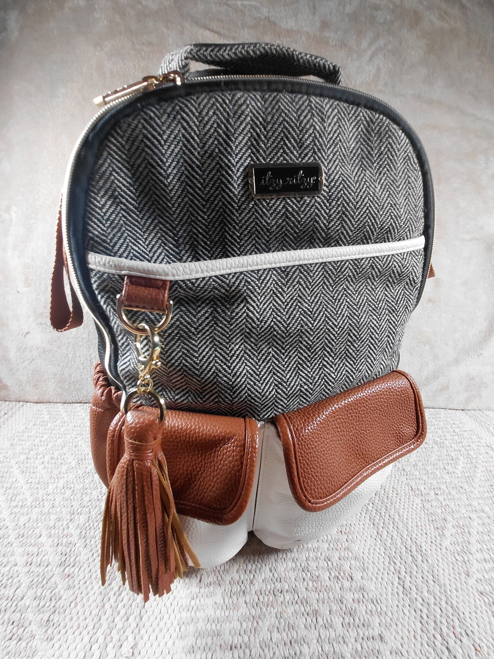 Itzy Ritzy Boss Gray Herringbone & Brown Coffee & Cream Diaper Backpack